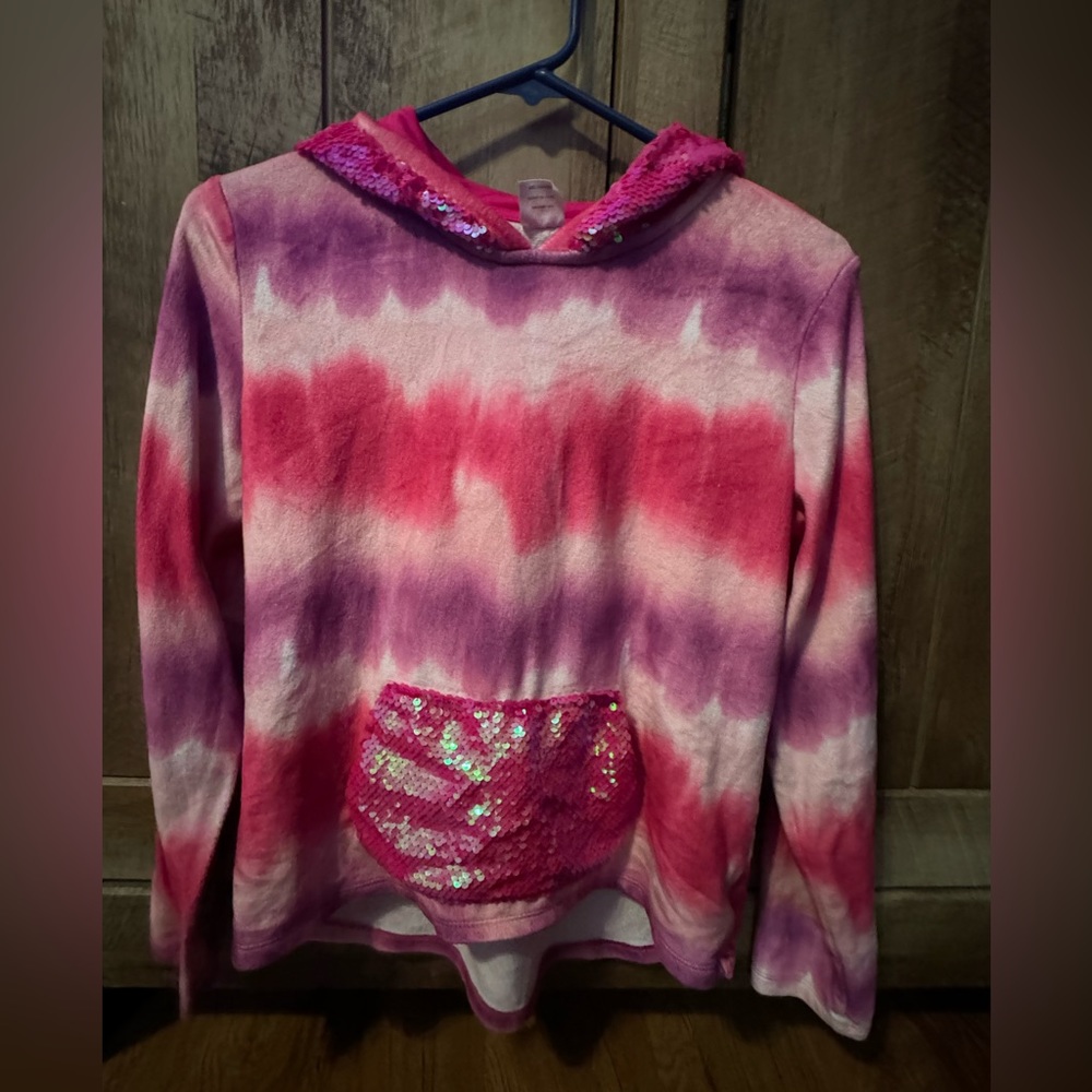 Pink tie dye hoodie sweatshirt with hood and pocket embellishments